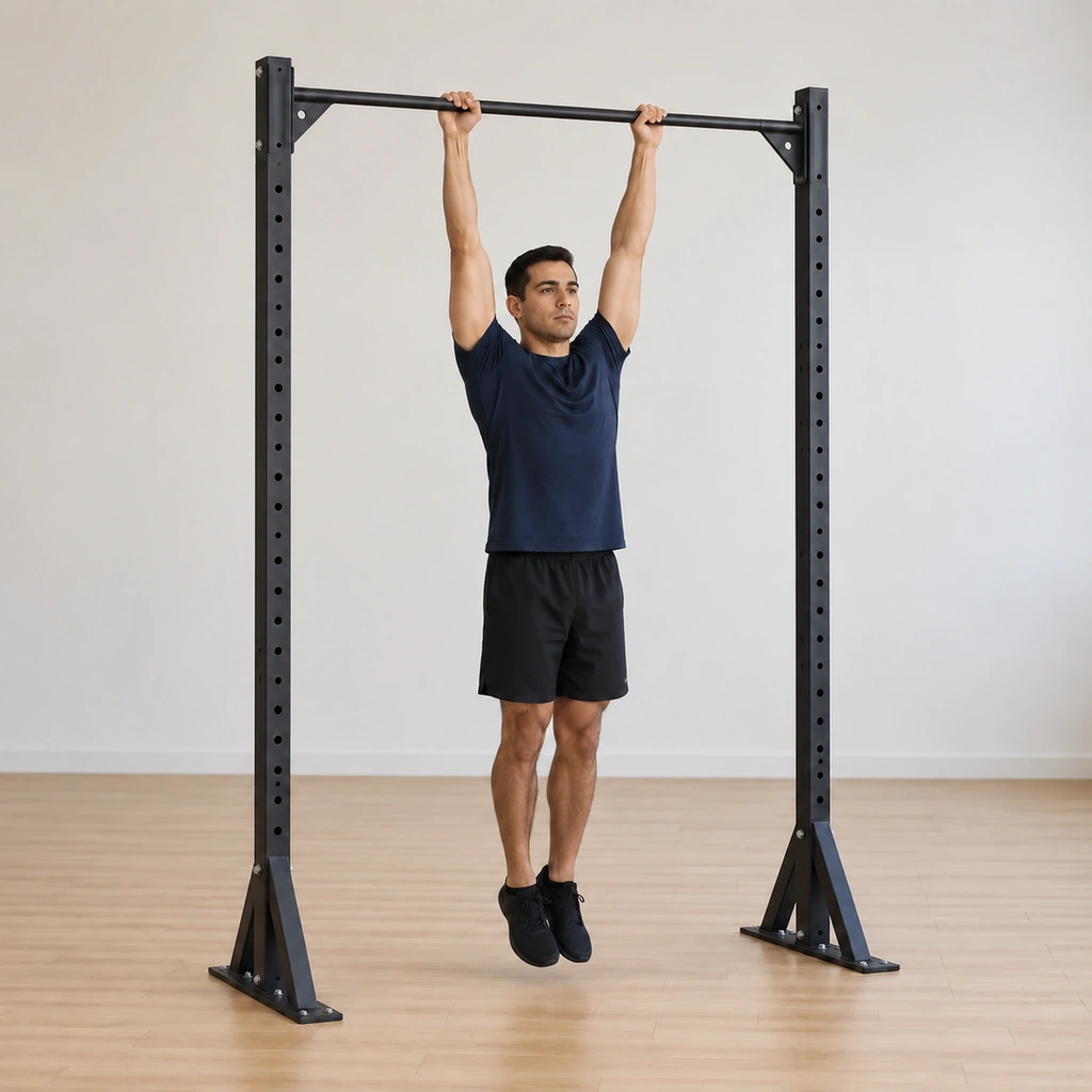 He lowers under control toward the passive hang, blades easing up toward his ears, body descending a few centimetres, arms still straight.