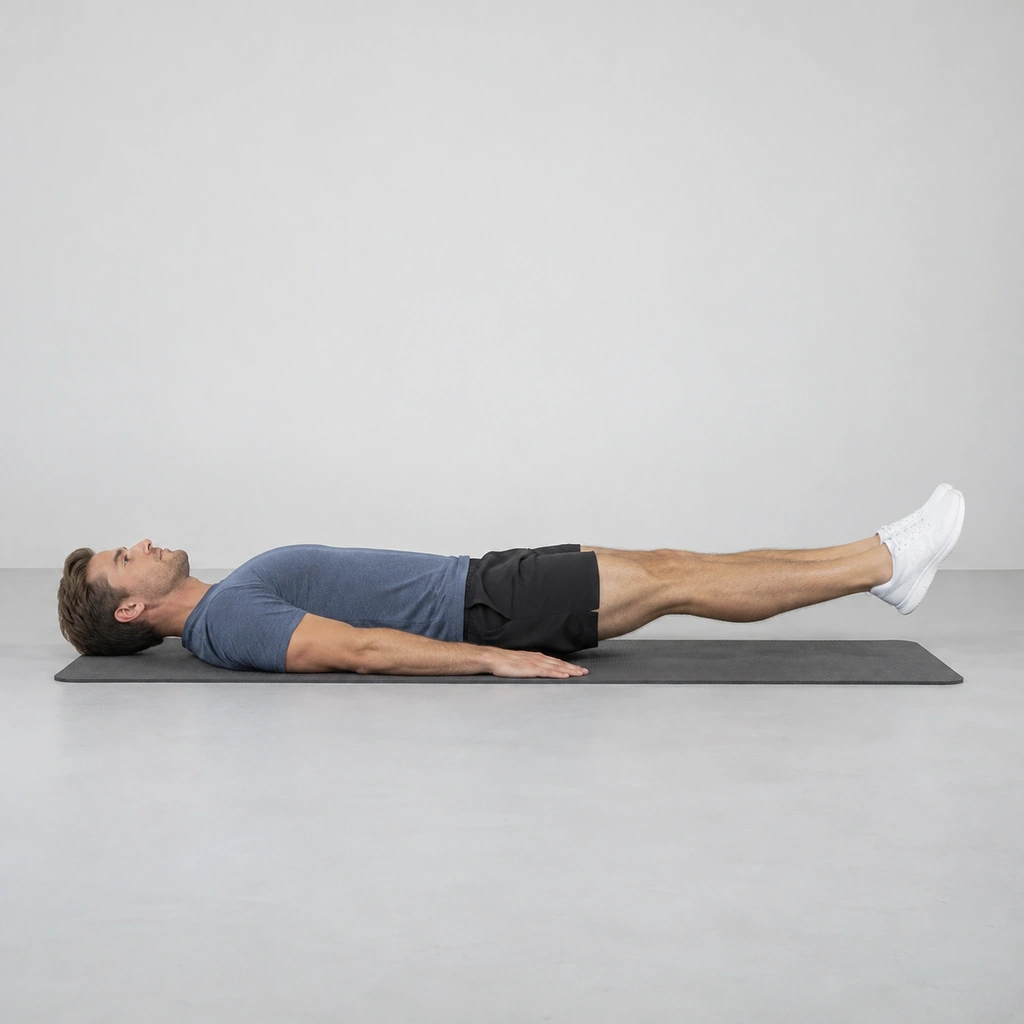 Man lying face up on a mat with both straight legs lifted a short distance off the floor.