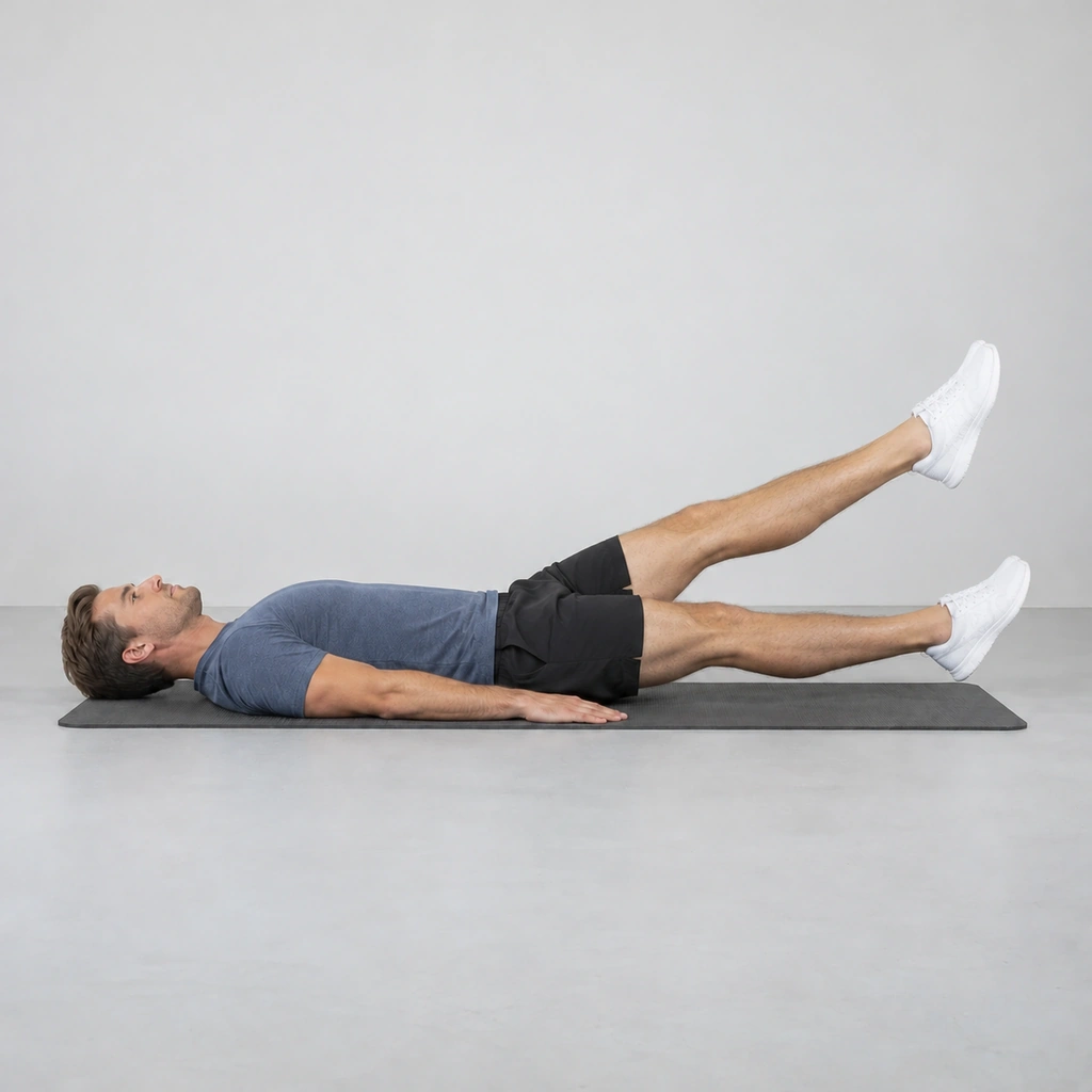 Man lying face up with his right leg lowered close to the mat and his left leg raised.
