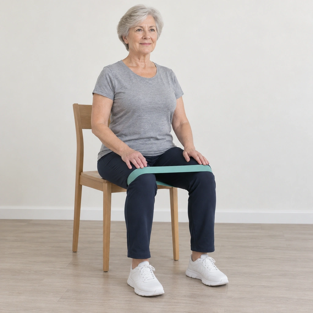 A woman sitting tall near the front of a plain chair, both feet flat on the floor at hip width, a flat band looped around both legs just above the knees, both hands resting on her thighs.