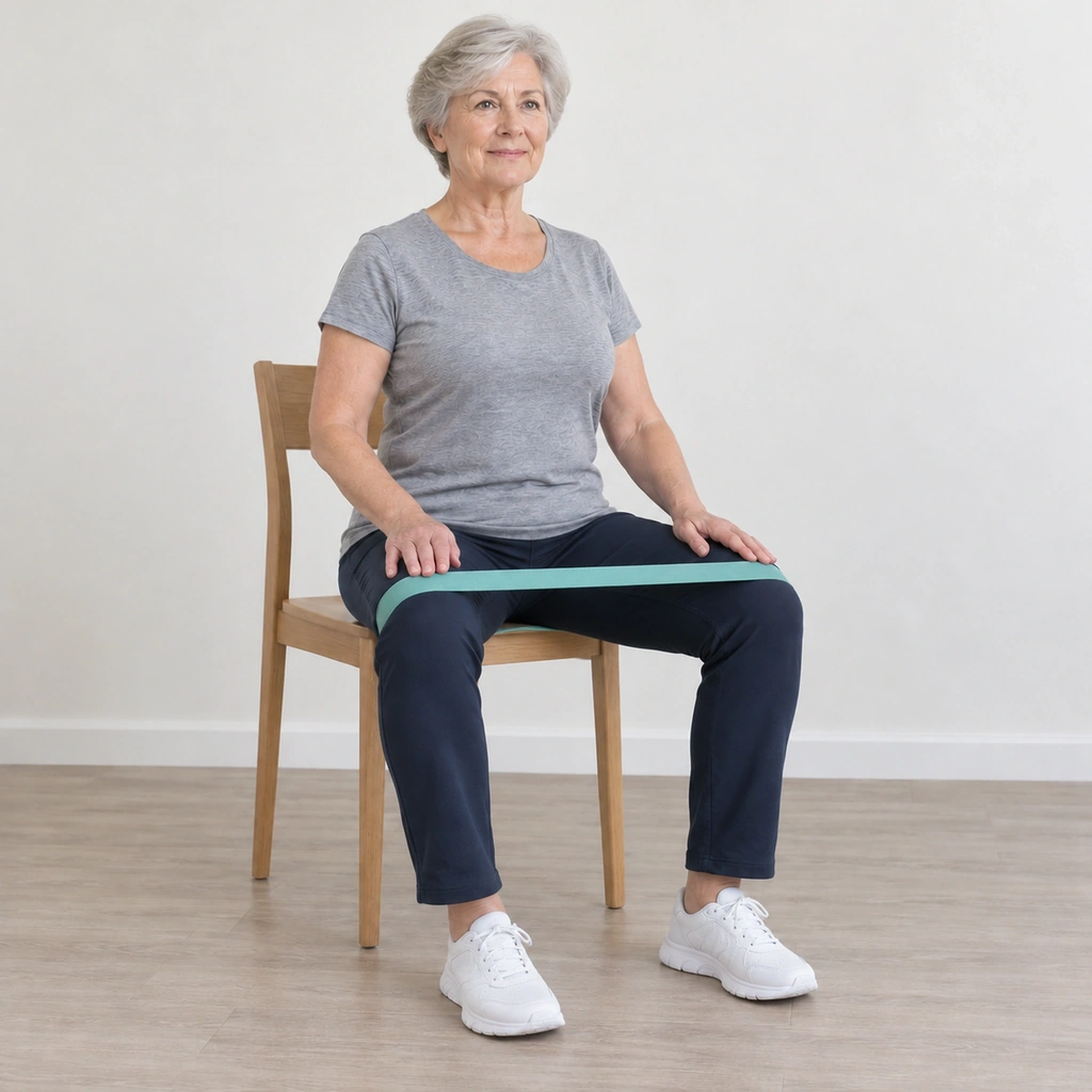 The same woman still sitting tall, both knees now pressed outward past hip width against a visibly tauter band loop, both feet still flat on the floor at the same spot, both hands resting on her thighs.