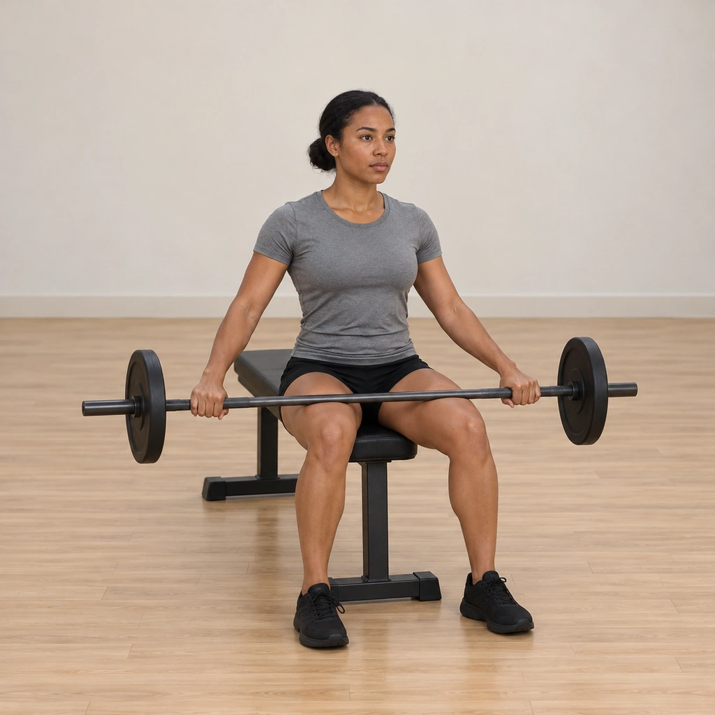 She sits at the end of the flat bench: feet planted shoulder width, the loaded barbell resting across her thighs, both hands gripping it palms down wider than her shoulders.