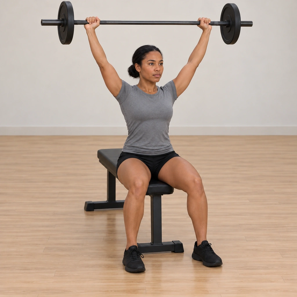 She lifts the barbell from her thighs straight up over her head: arms fully extended above her, the bar balanced overhead, her seated posture and planted feet unchanged.