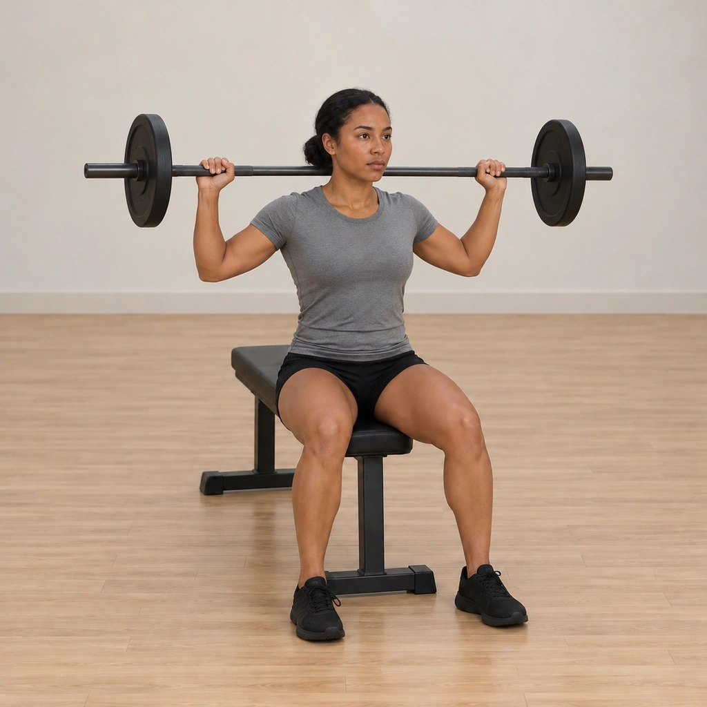 She lowers the barbell behind her head until it rests along the base of her neck across the shoulders: the bar settled on the neck base, hands still wide, trunk upright and seated, feet and head held stationary.