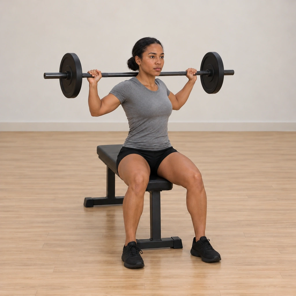 She rotates her waist to the side under the resting bar: trunk twisted at the waist while the bar rides across the neck base, head facing forward and unmoved, feet still planted shoulder width.