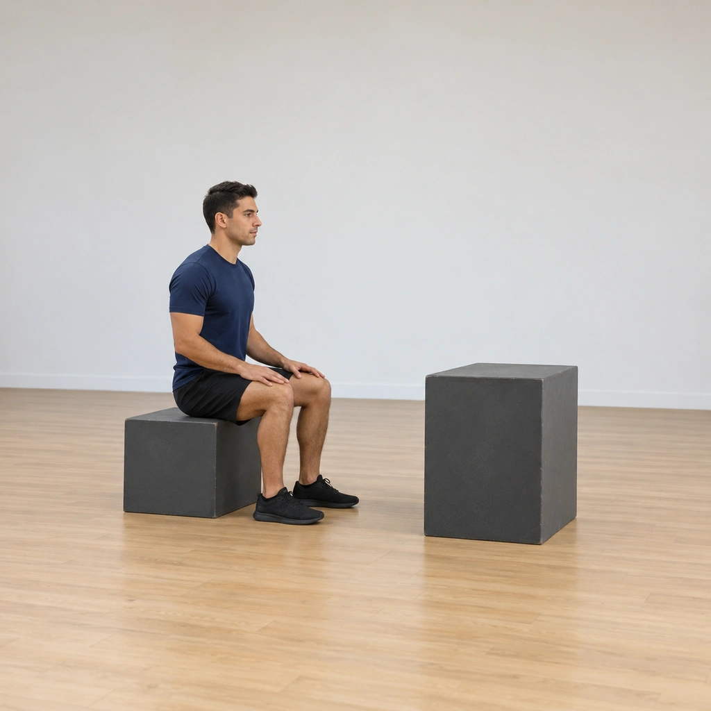 He sits on the low box, feet planted under his knees, trunk upright and eyes on the higher box ahead.