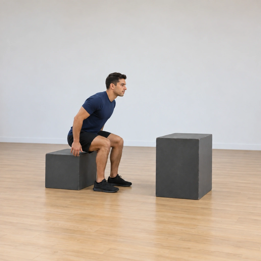 He is leaning slightly forward off the seat, his weight shifting over the planted feet, still just in contact with the low box.