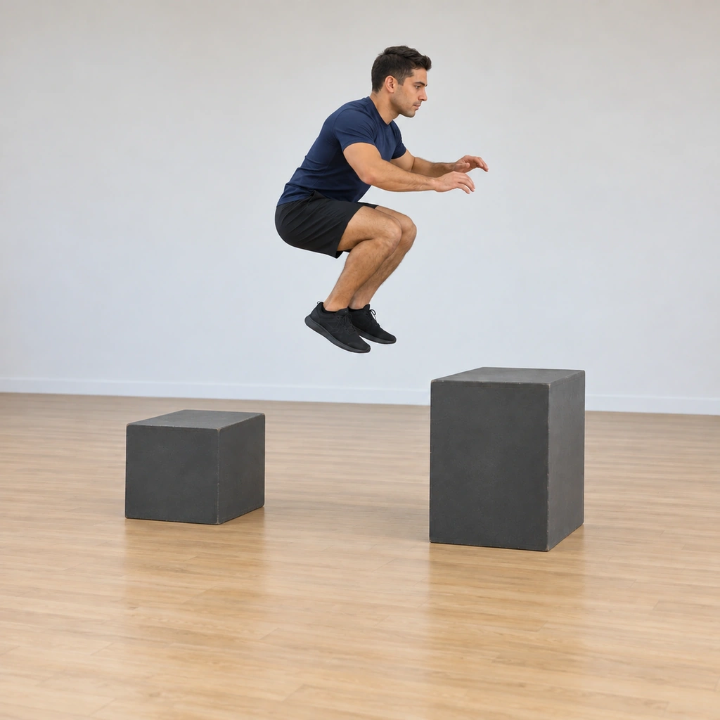 He is airborne, driving up and forward toward the higher box, the knees drawn up under him and the arms swung up with the jump.