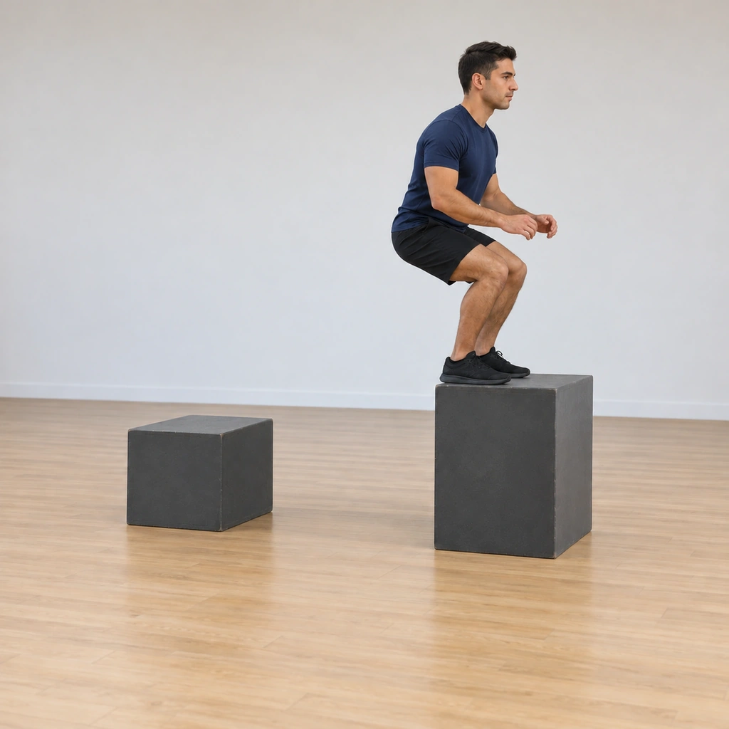 He has landed on top of the higher box in a controlled quarter-squat, both feet planted on its top, knees tracking over the toes, chest lifted.