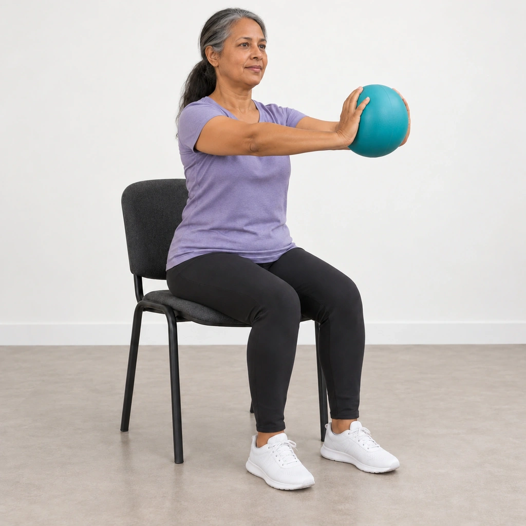 The same woman sitting upright with both arms extended straight ahead at chest height, still gripping the teal ball between her palms at arm's length.
