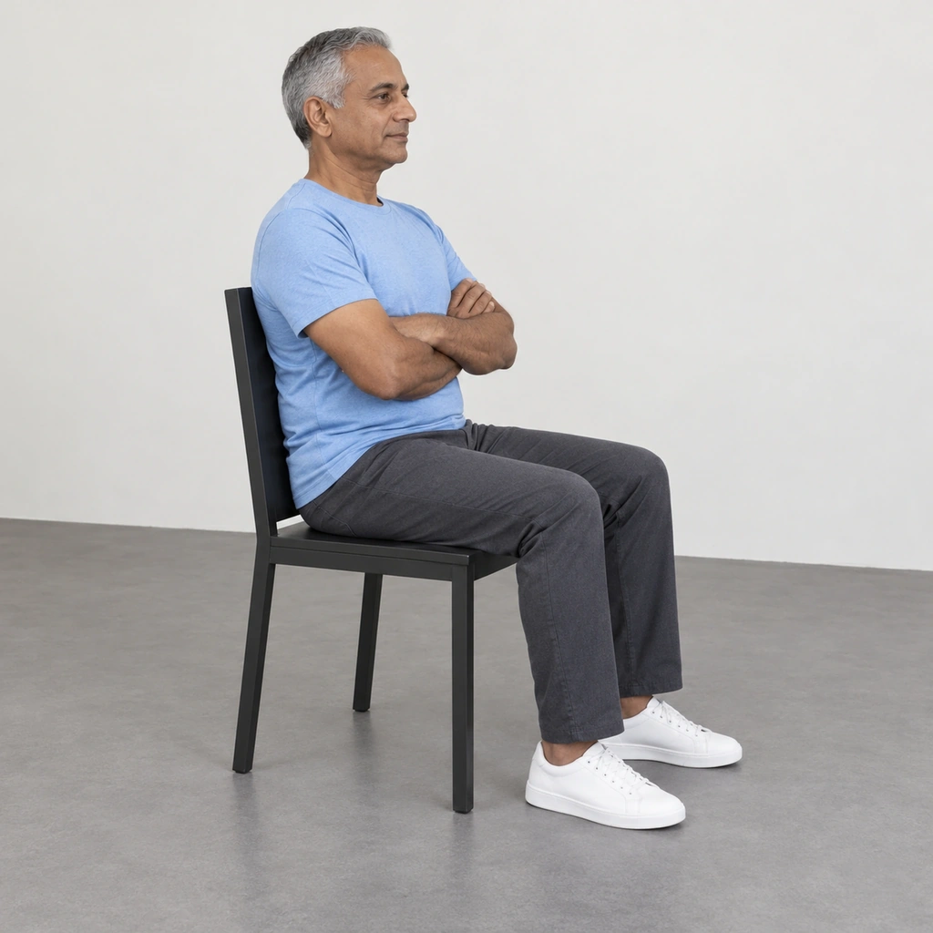 A man sitting tall at the back of a chair, spine against the backrest, forearms folded, both feet flat.