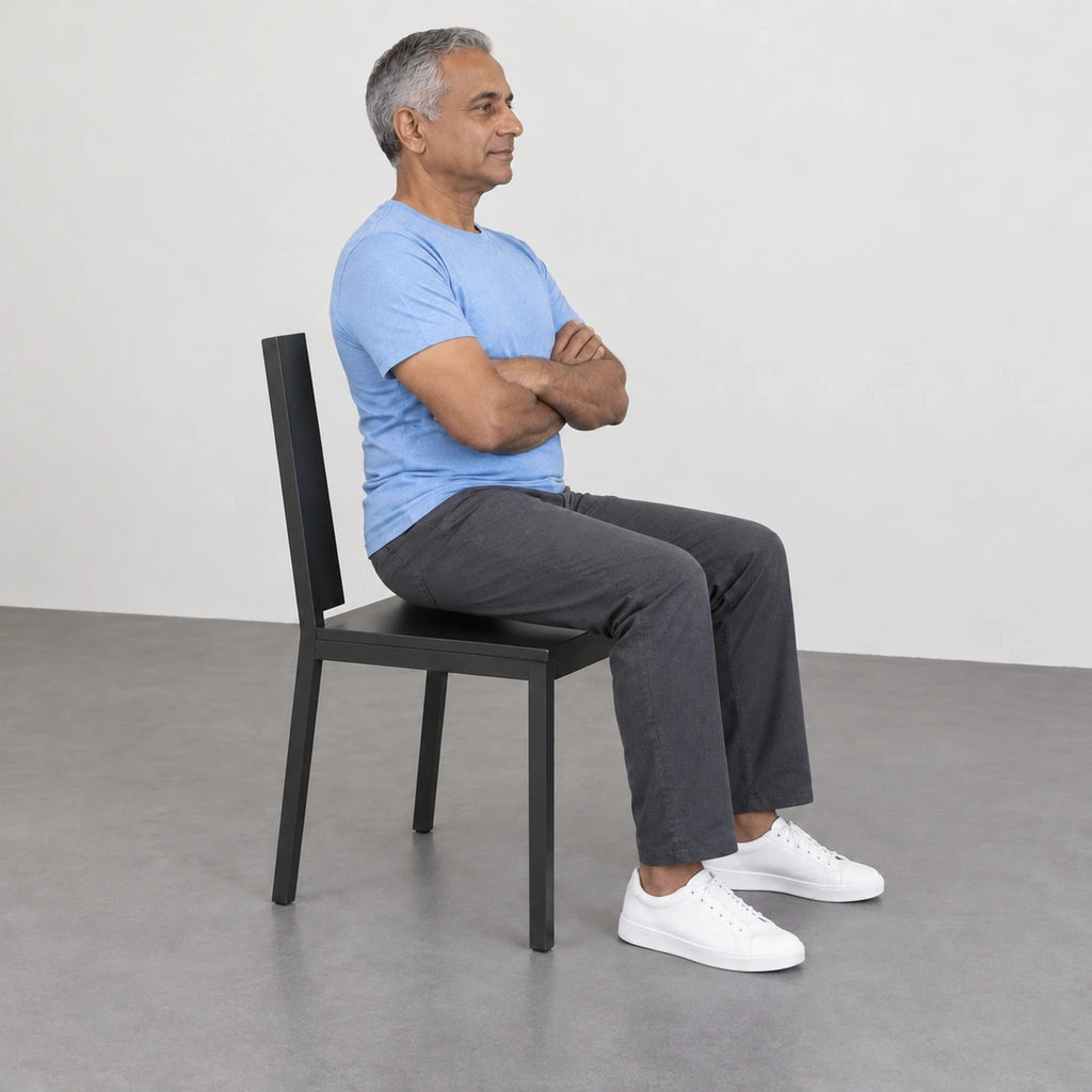 The same man a third of the way along the seat with his right hip and thigh lifted clear and the left side resting.
