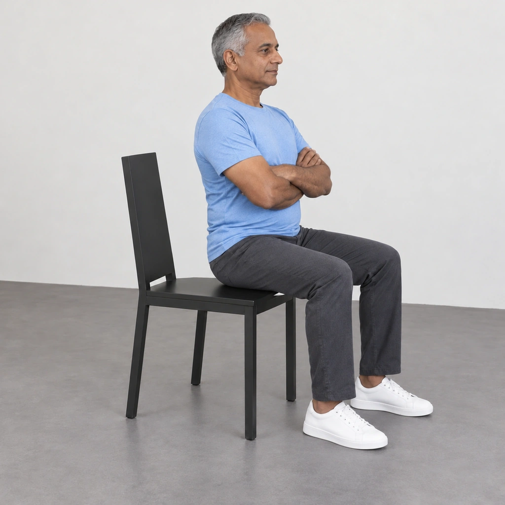 The man two thirds of the way along the seat with his left hip and thigh lifted clear and the right side resting.