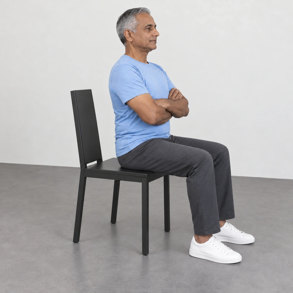 The man sitting upright close to the front edge of the seat with both sides resting and his back well clear of the backrest.