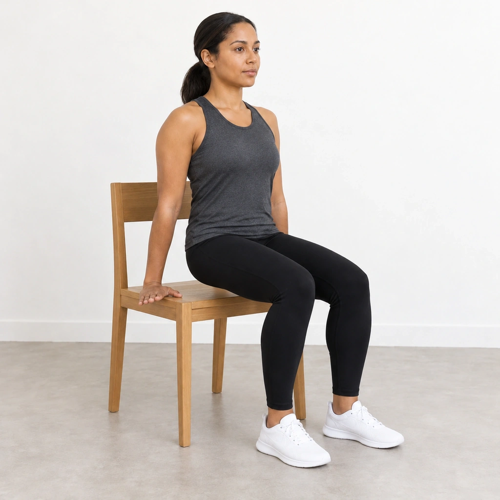 The same woman with her elbows straightened, both hands still flat on the sides of the chair seat, her hips and thighs lifted clear of the seat with a visible gap beneath her.