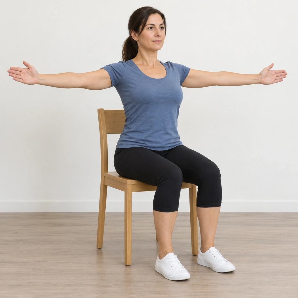 A woman sitting upright on a plain armless chair, both arms held straight out to the sides at shoulder height, her back clear of the chair back.