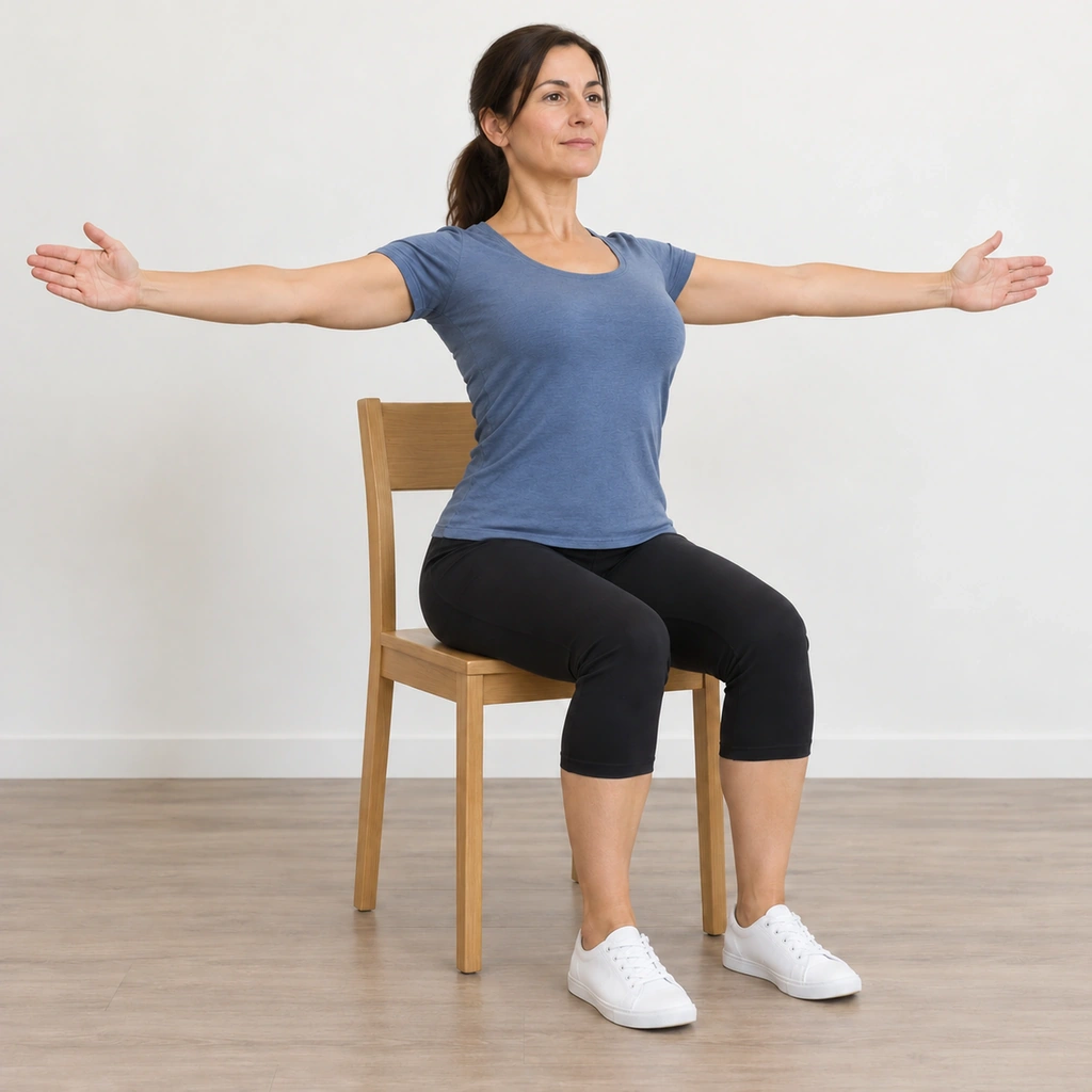 The same woman sitting upright with her arms still held out to the sides, her chest lifted forward and up.