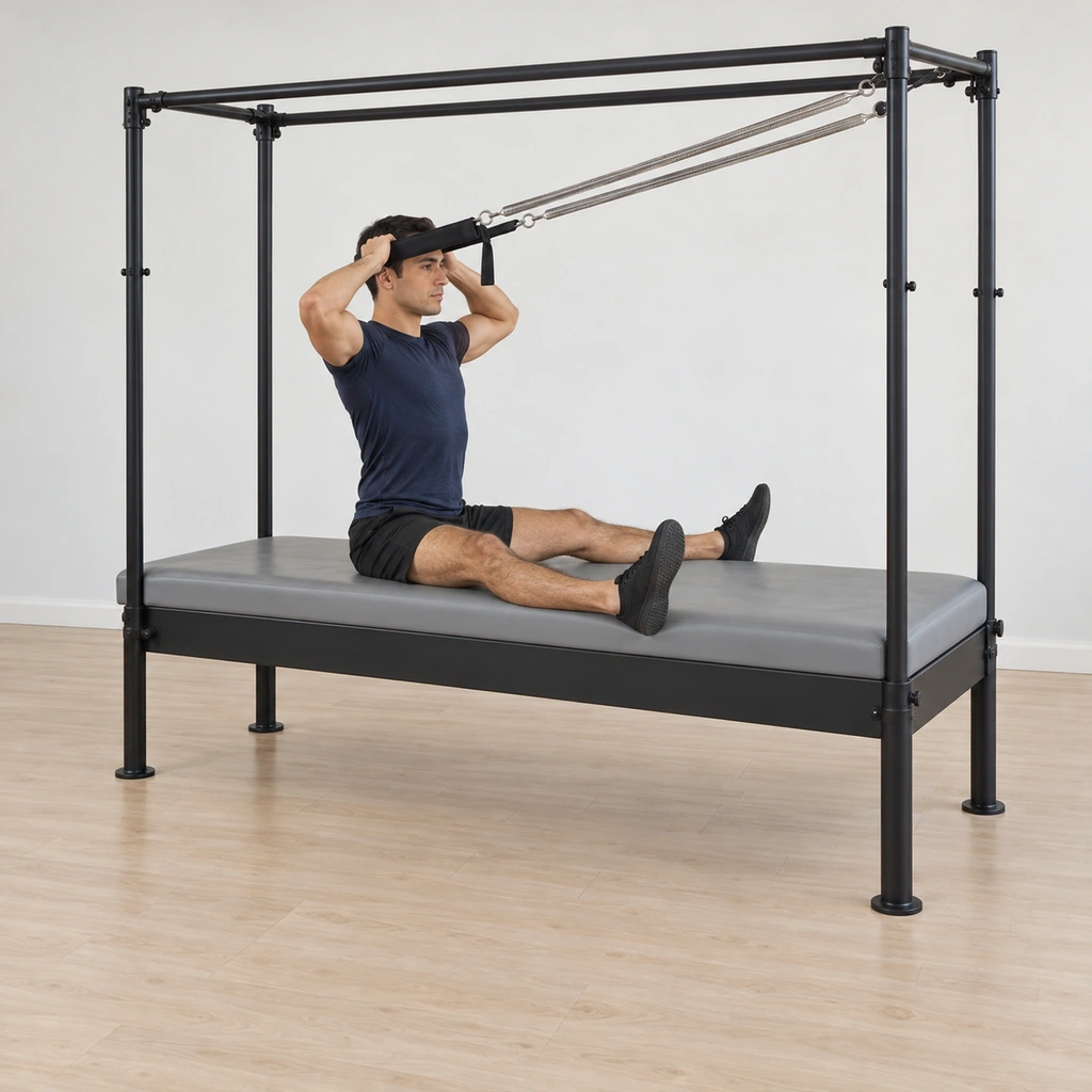 He sits tall on the table facing the springs with his legs stretched long and wide and his feet flexed pressing down, the strap across his forehead, his hands holding the front of the strap with his elbows wide, the leg springs drawn long.