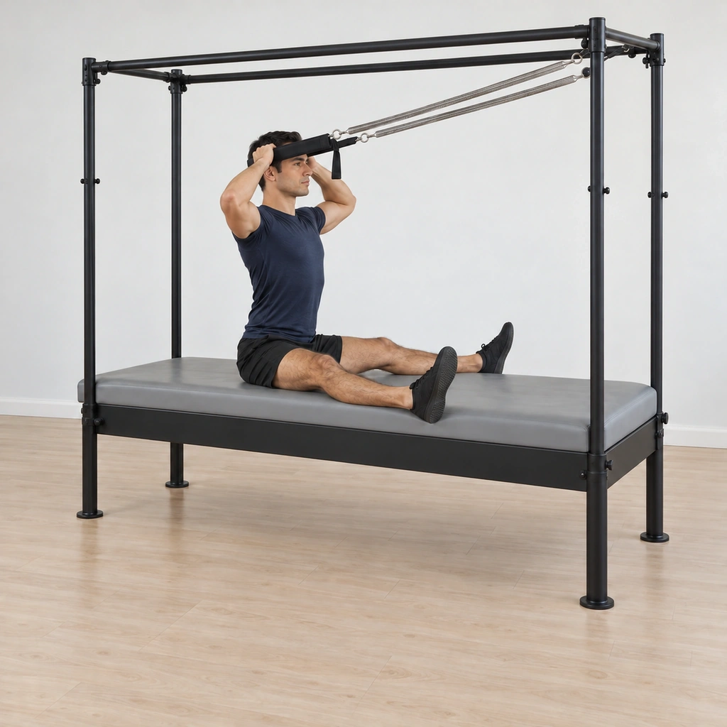 He has lifted to his tallest seated position, his shoulders stacked over his hips, his legs reaching away down the wide line as the strap and springs wait long.