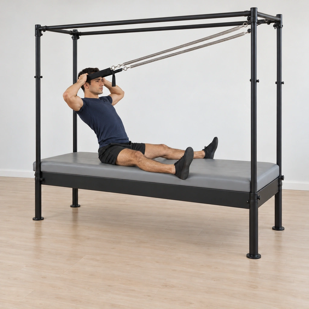His whole spine has leaned back in one straight line, his head pressing into the strap so the springs have drawn down, his elbows still wide and his heels still pressing the table.