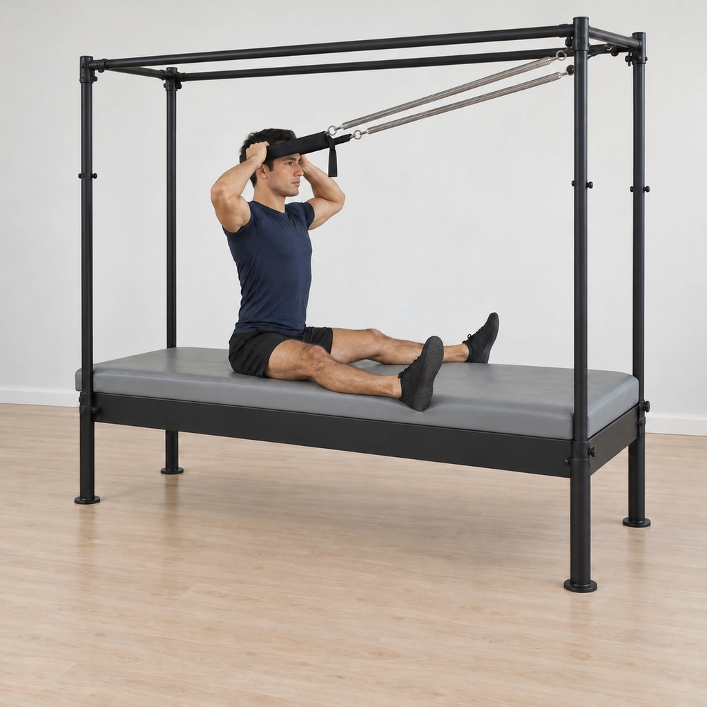 His spine has lifted back to the tall upright position, the strap and springs easing as his shoulders restack over his hips, his legs still long and wide.
