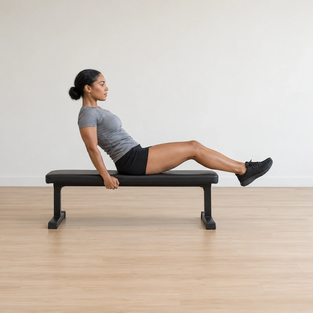 She sits on the flat bench gripping its sides, torso leaned back about 45 degrees, legs stretched out in front of her slightly below parallel.