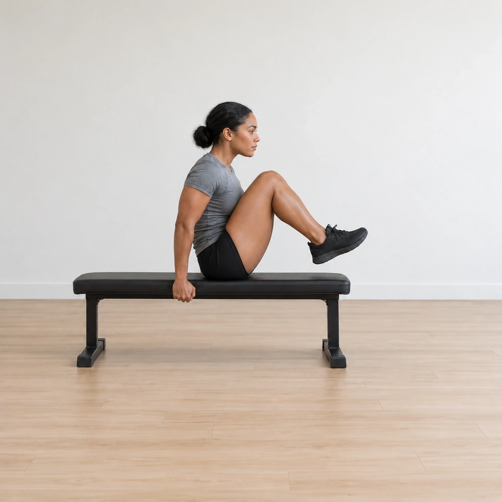 She draws her knees in toward her chest while her torso comes up to meet them, still gripping the bench sides, the tuck closing.