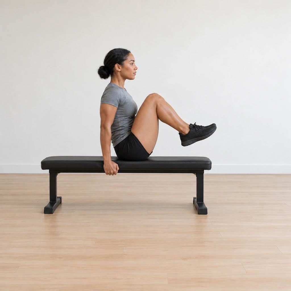 She holds the tucked position with knees near her chest and torso upright, hands still gripping the bench sides.