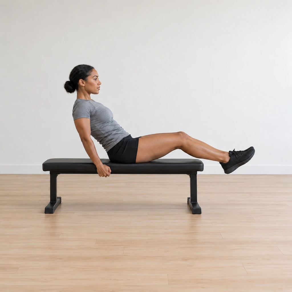 She extends her legs forward again and leans her torso back to the 45-degree start, still gripping the bench sides.