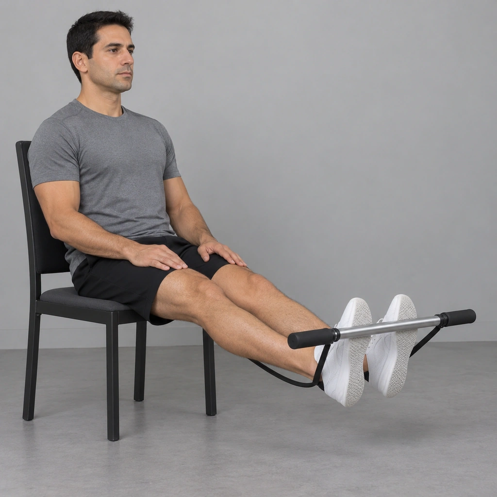The same man seated well back in a plain chair, both legs stretched out in front with the soles of his shoes against the bar's tube and the ropes hanging loosely behind his heels.