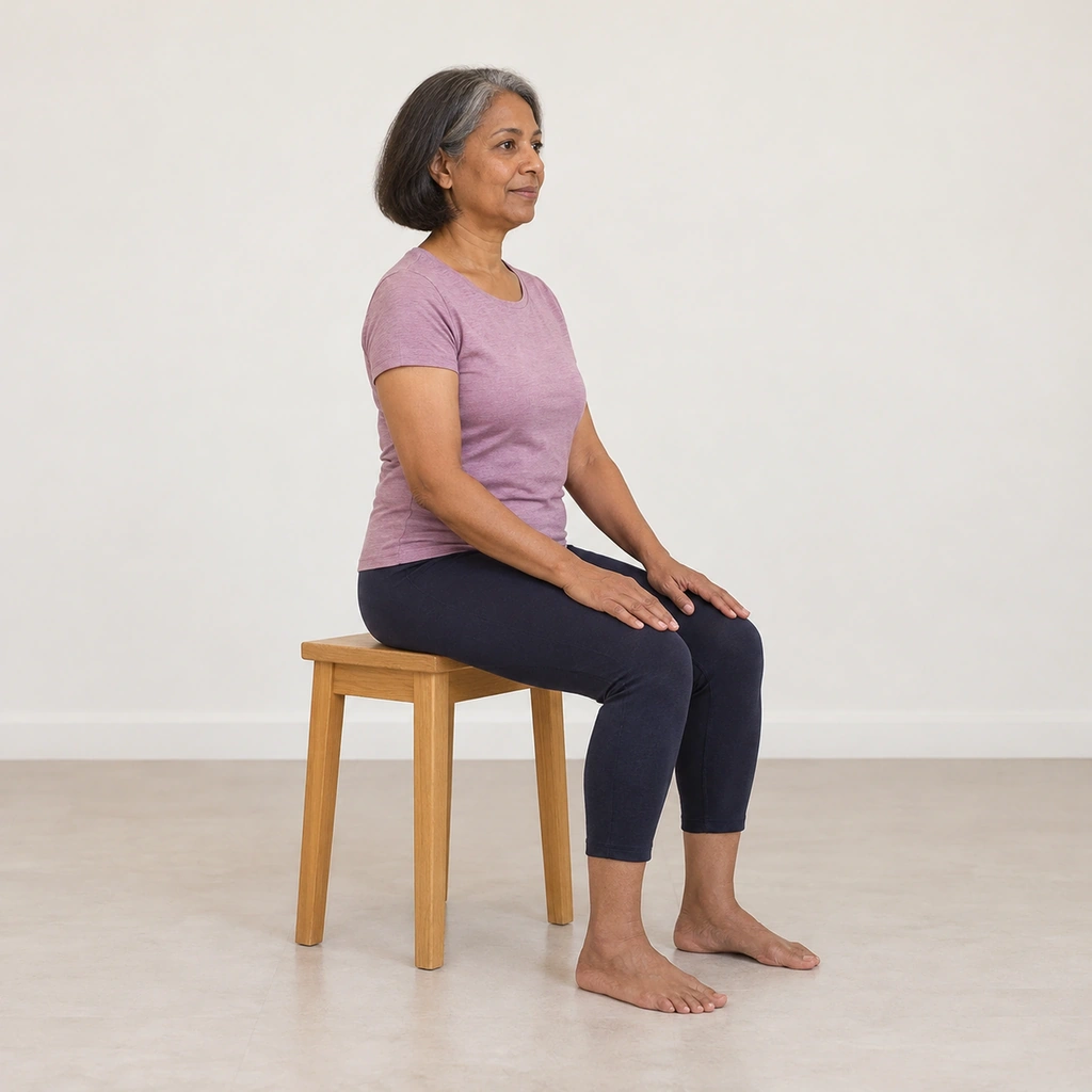 A woman sitting upright on a backless stool with her pelvis tucked backward, both feet flat on the floor and both hands resting on her thighs.