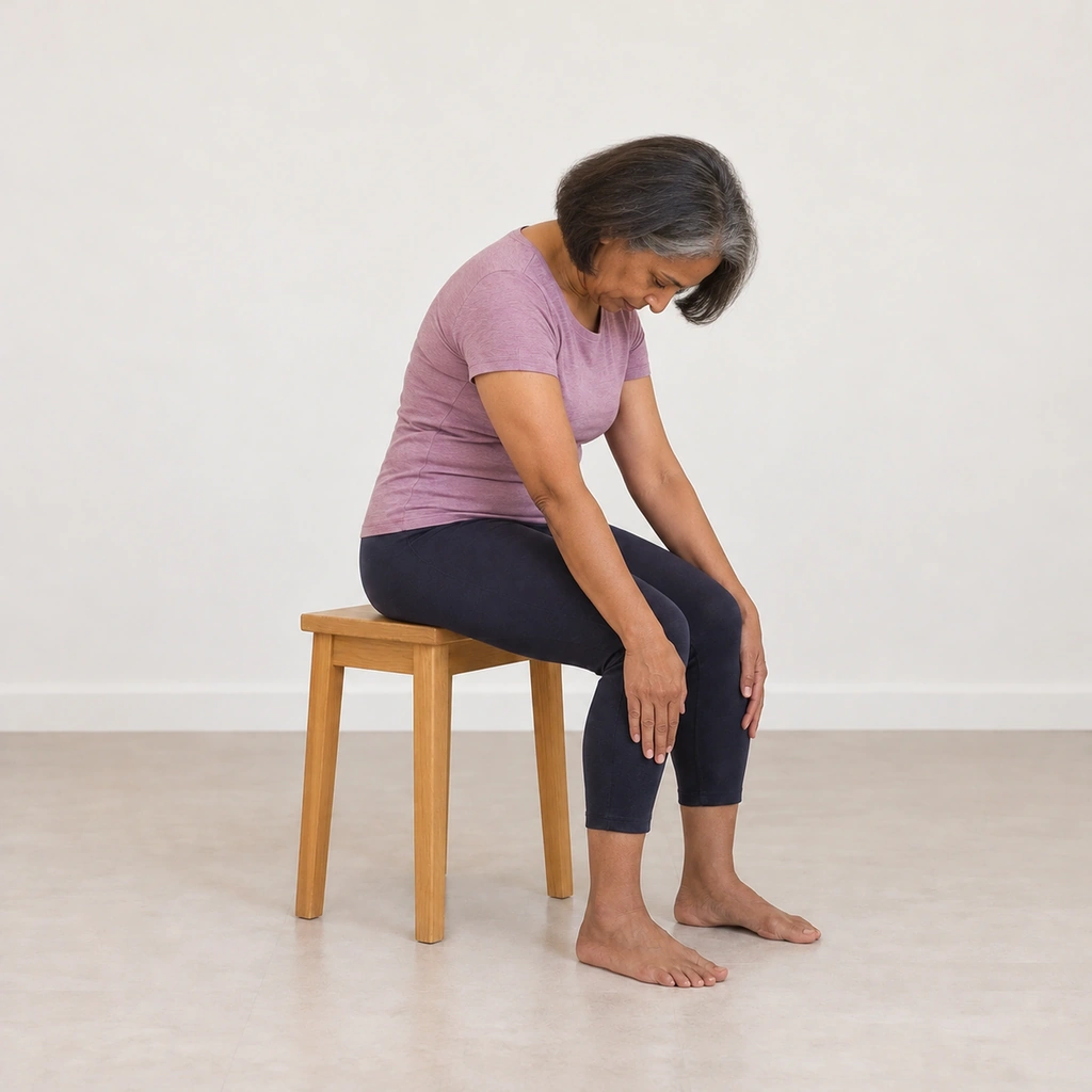 The same woman now bent forward from the trunk, her spine rounded, both hands partway down the front of her calves and her head hanging low.