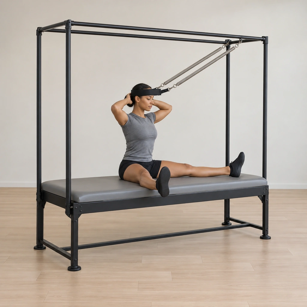 She sits tall on the table facing the springs with her legs stretched long and wide and her feet flexed pressing down, the padded strap across her forehead, her hands holding the strap behind her head, the leg springs drawn long.
