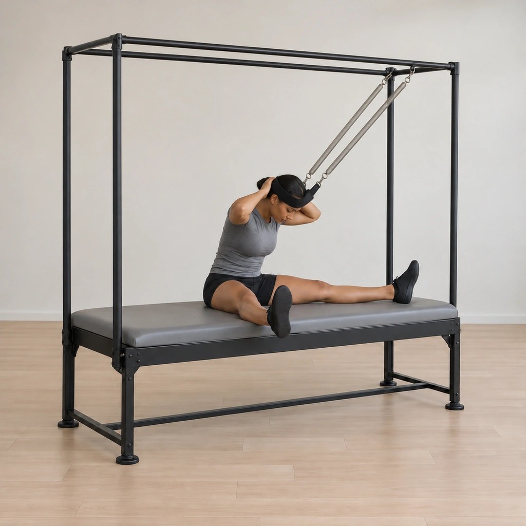 Her spine has begun to round forward, the strap on her forehead drawing a light arc toward the mat between her wide legs while her hands keep it taut and her heels press down.