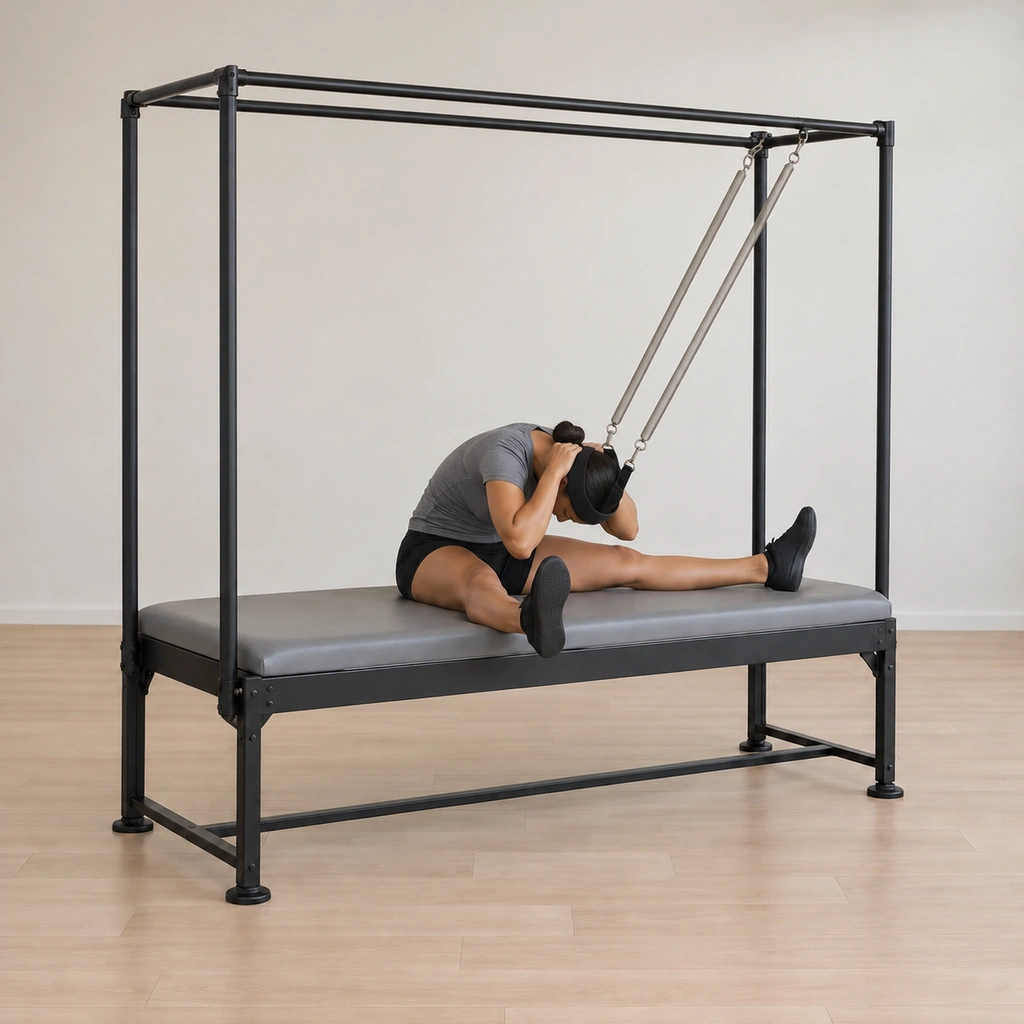 Her spine has rounded fully forward so the strap on her forehead points down toward the table between her wide flexed legs, her hands still holding the strap and her centre lifted.