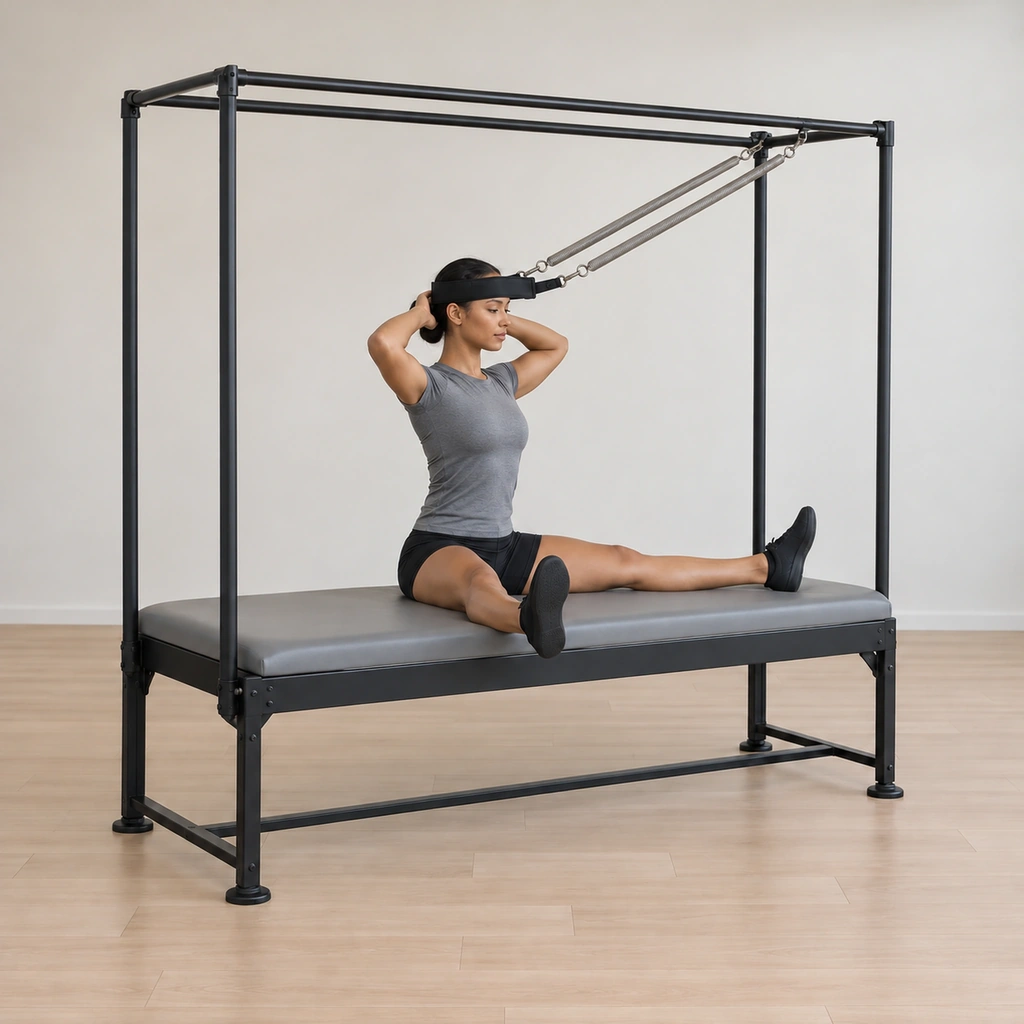 Her spine is unrolling back to tall, the strap on her forehead following her head as she stacks back up over her seat, her wide legs and flexed feet unchanged.