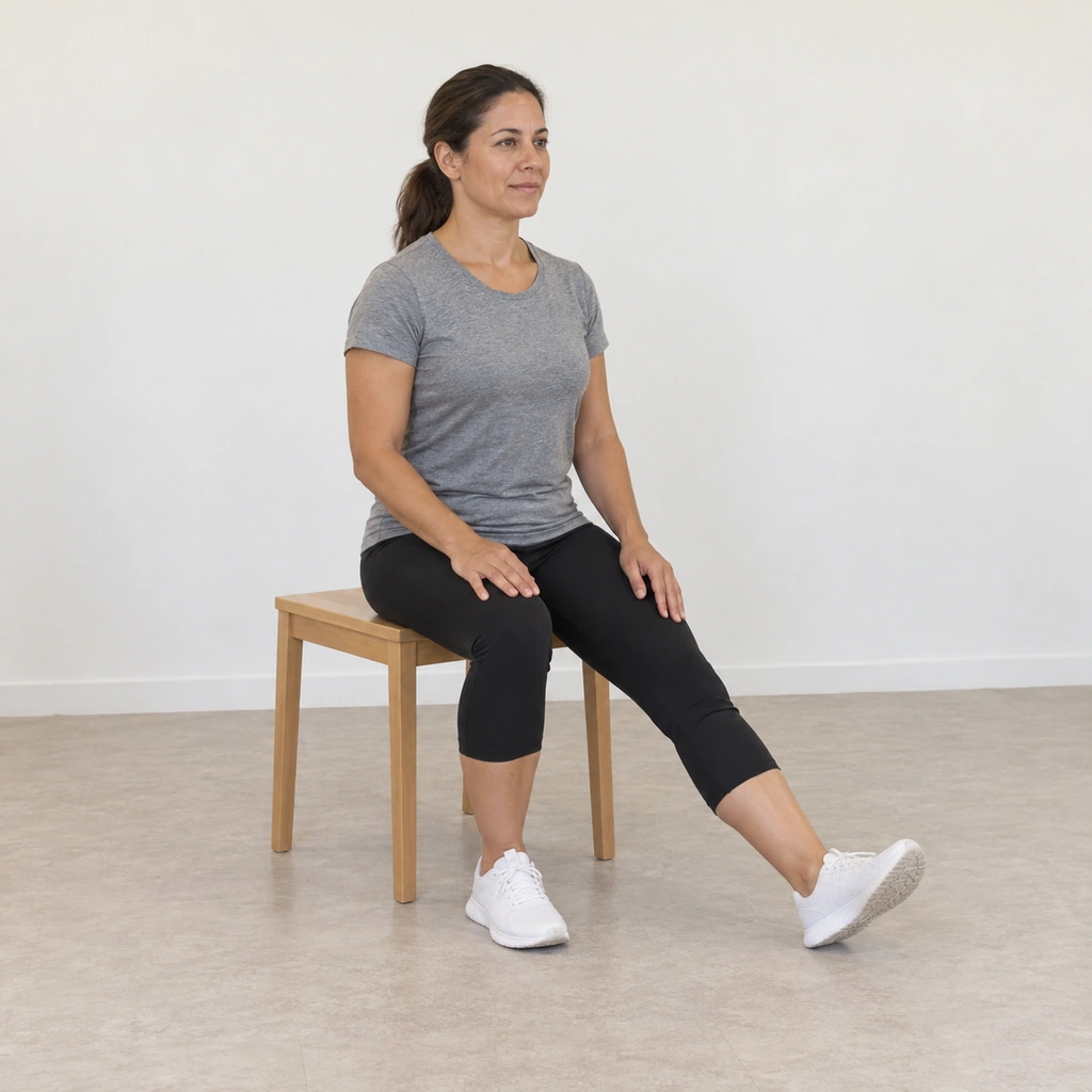 A woman sitting on the front edge of a chair, her left leg straightened out in front with the heel on the floor and the foot turned slightly outward, her right leg bent with the foot flat on the floor, sitting upright with her hands resting on her thighs.