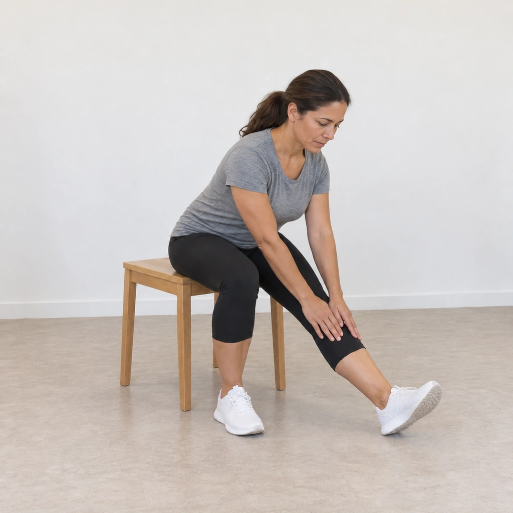 The same woman leaning forward from the hips over her straightened left leg, back still flat, both hands resting near her left shin, the muscle on top of her left thigh visibly tightened.