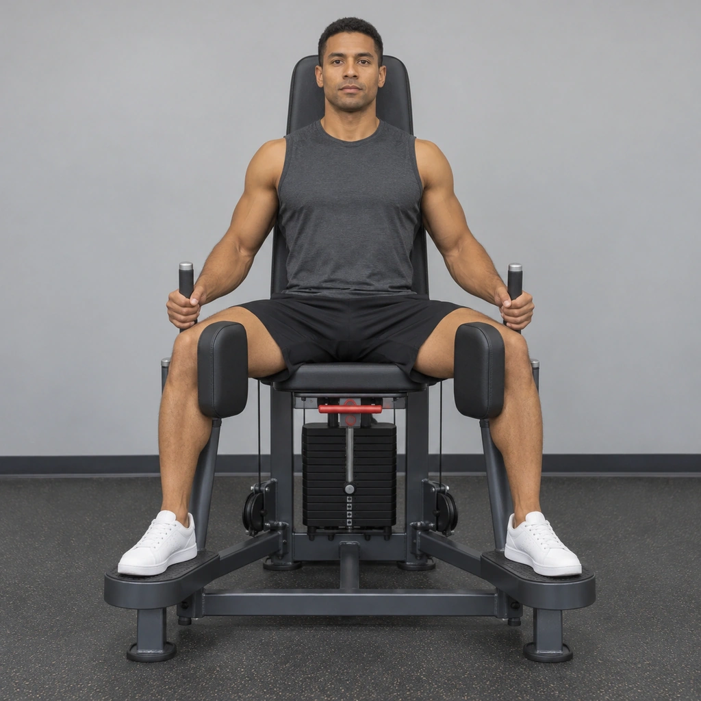 A man seated in a hip-adduction machine, back against the pad, both knees spread apart, gripping the side handles.