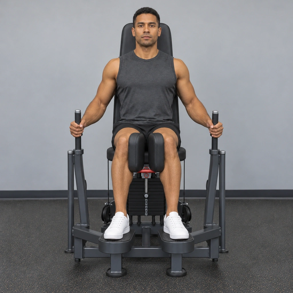 The same man, both knees now pulled together, back still resting against the pad.