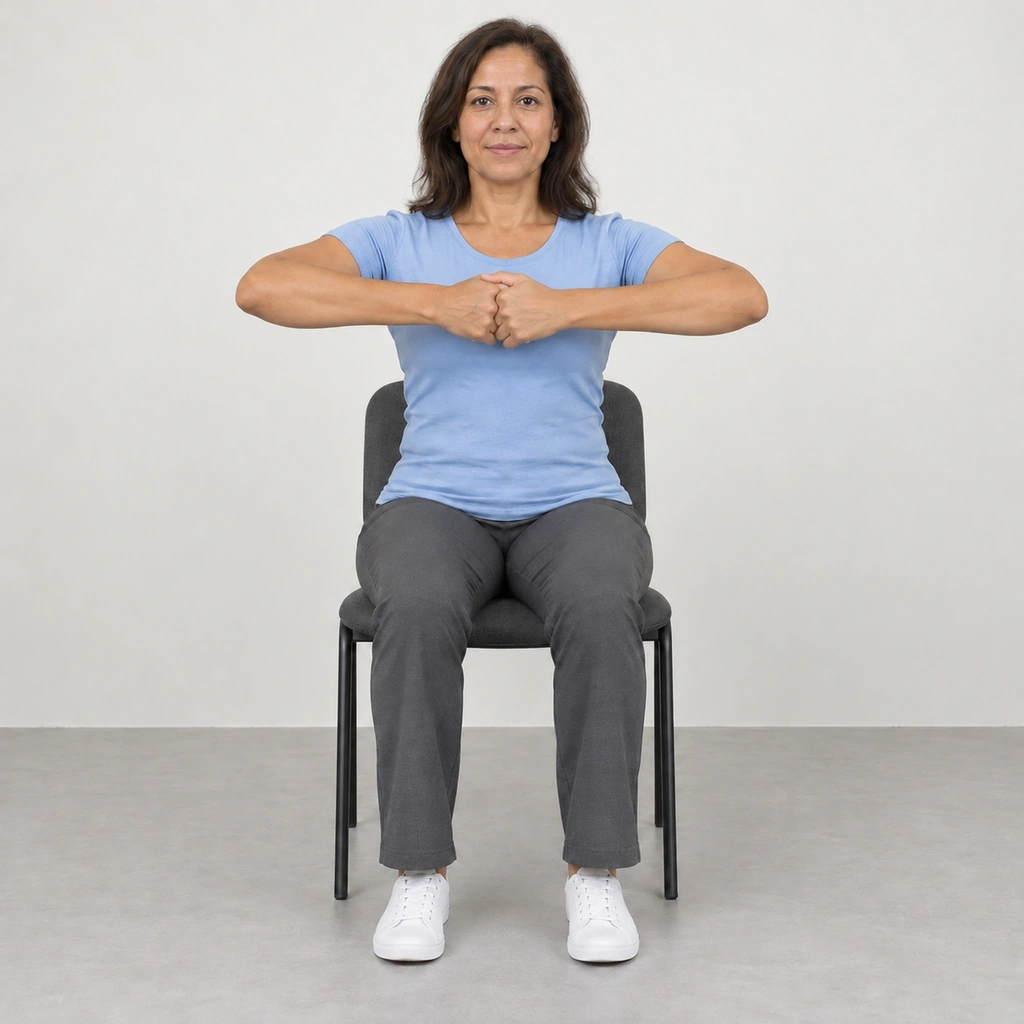 The same seated woman with the fingers of both hands hooked together the other way round, her left-hand fingers on the camera side.
