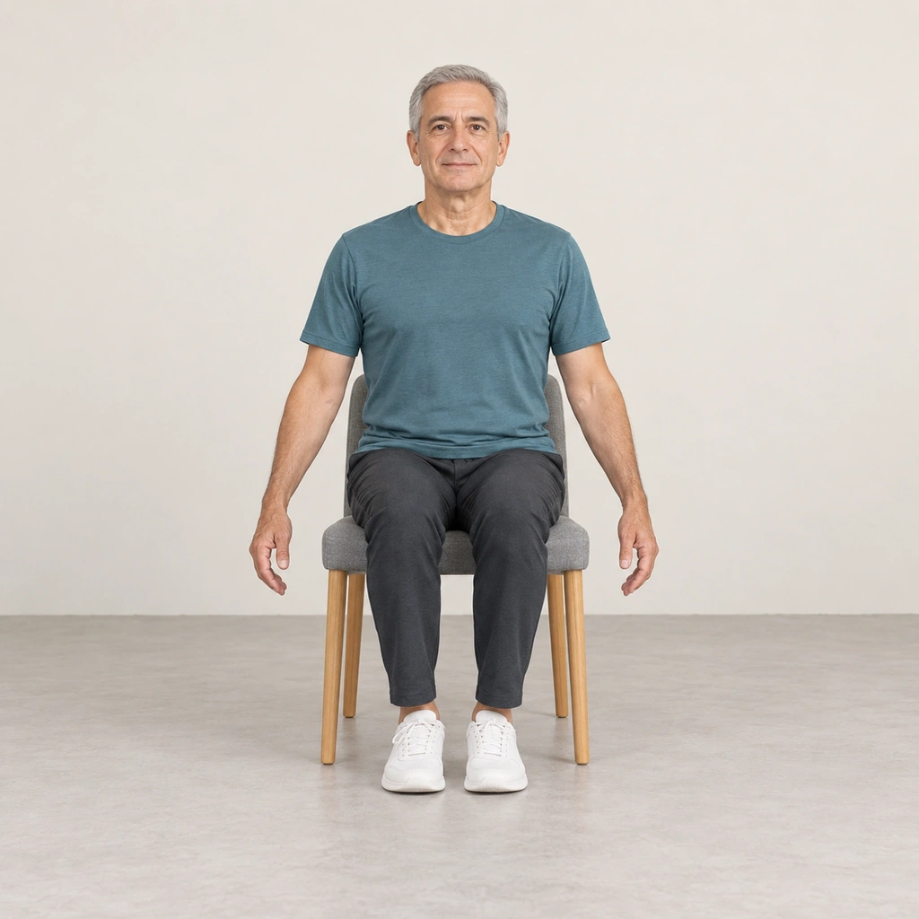 A man sitting upright on a plain chair with both feet together flat on the floor and both arms hanging straight down at his sides.