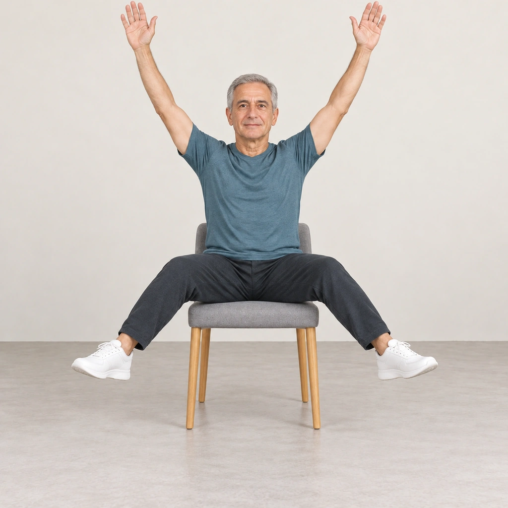 The same man sitting upright, both arms raised out to the sides and overhead, and both feet lifted off the floor and spread out wide to the sides.