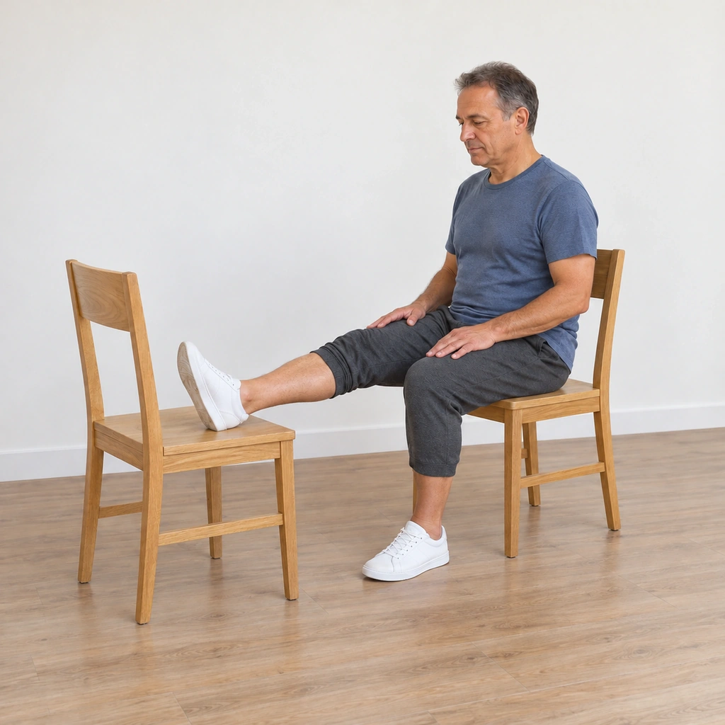 The same man still facing the second chair, his right heel on its seat, leaning a little forward from the hips so the back of the knee lowers toward straight, both hands resting relaxed on his thighs, eyes on the knee.
