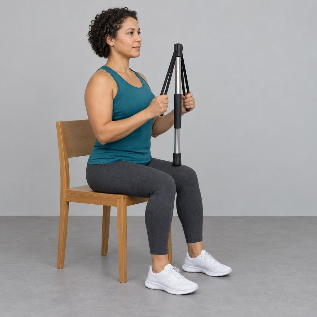 A woman sitting on the edge of a chair, holding an upright bar by its straps in both hands with its lower end resting on her left knee.