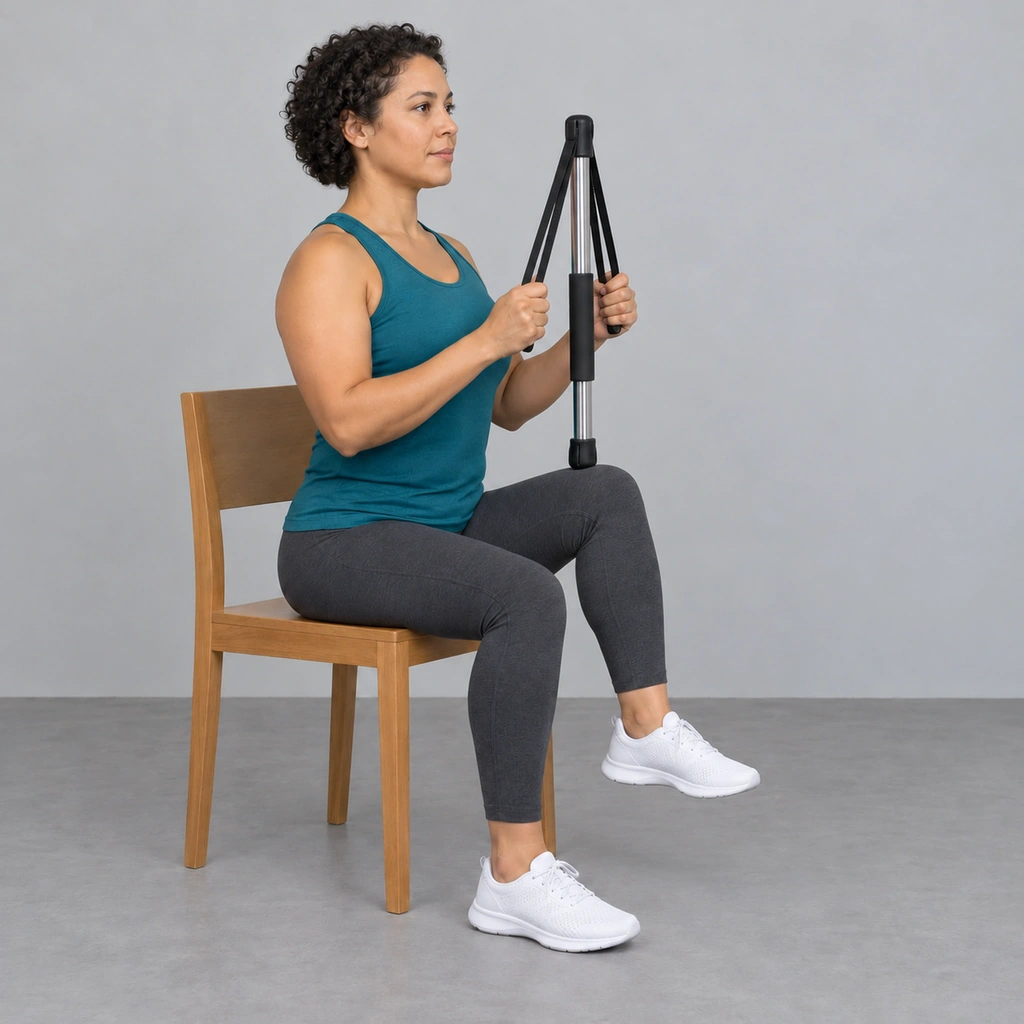 The same woman with her left knee lifted up into the bar's lower handle and her left foot off the floor, both hands still holding the upright bar.