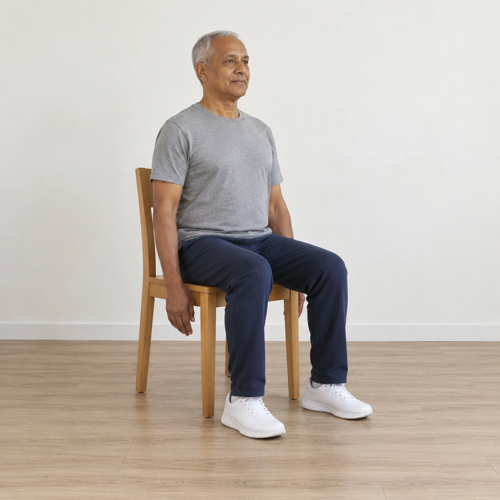 A man sitting tall toward the front of a plain chair, both feet flat on the floor, both arms hanging relaxed at his sides.