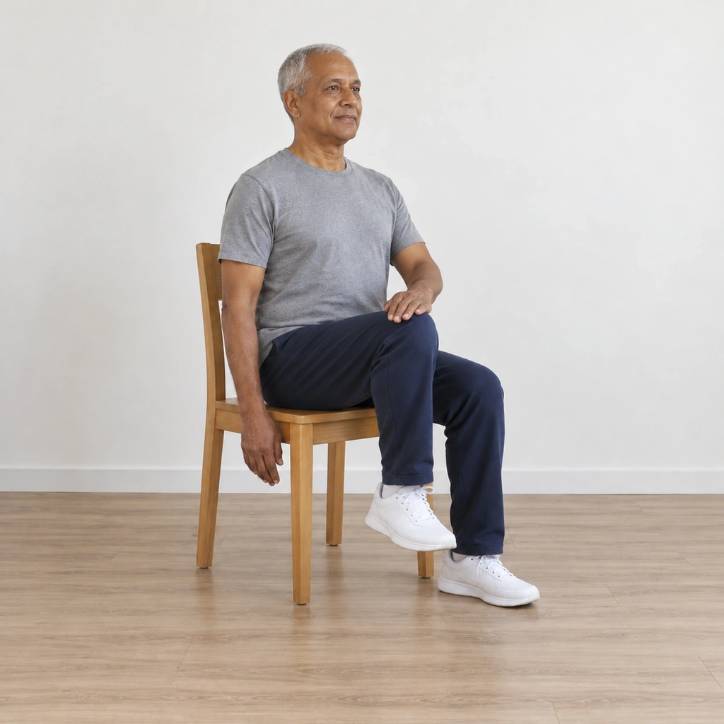 The same man sitting tall on the chair, his right foot lifted a few inches off the floor while his left hand rests flat on top of his right knee.