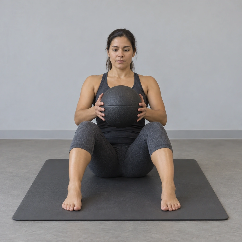 A woman seated on a mat, knees bent and feet on the floor, holding a medicine ball in front of her abdomen with both hands.