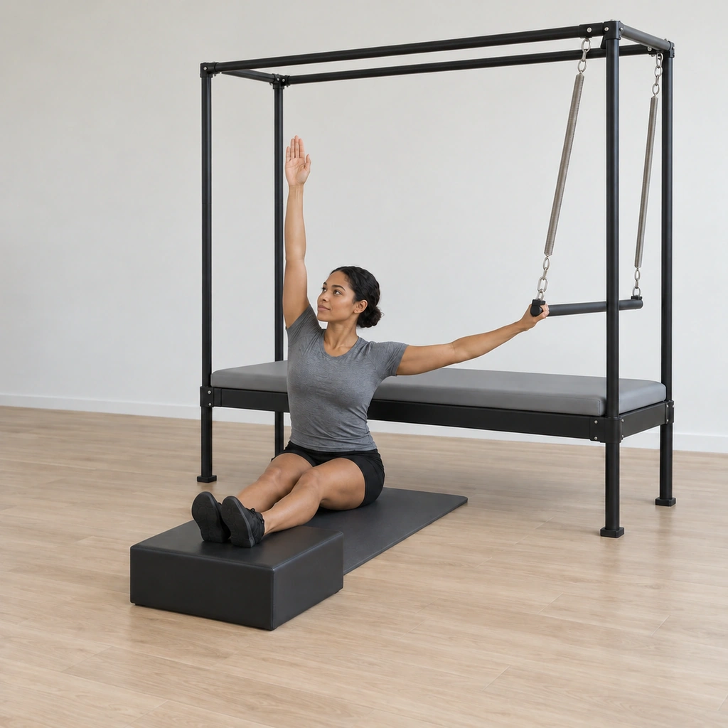 Her outside arm rises to the ceiling alongside her ear while her inside hand stays on the push-thru bar and her feet press the box, her torso lengthening.
